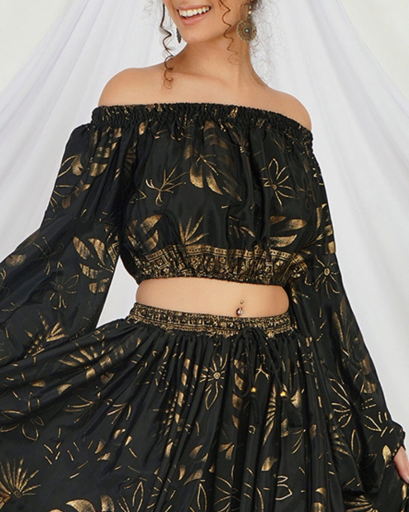 Amarielle black-gold boho skirt co-ord set