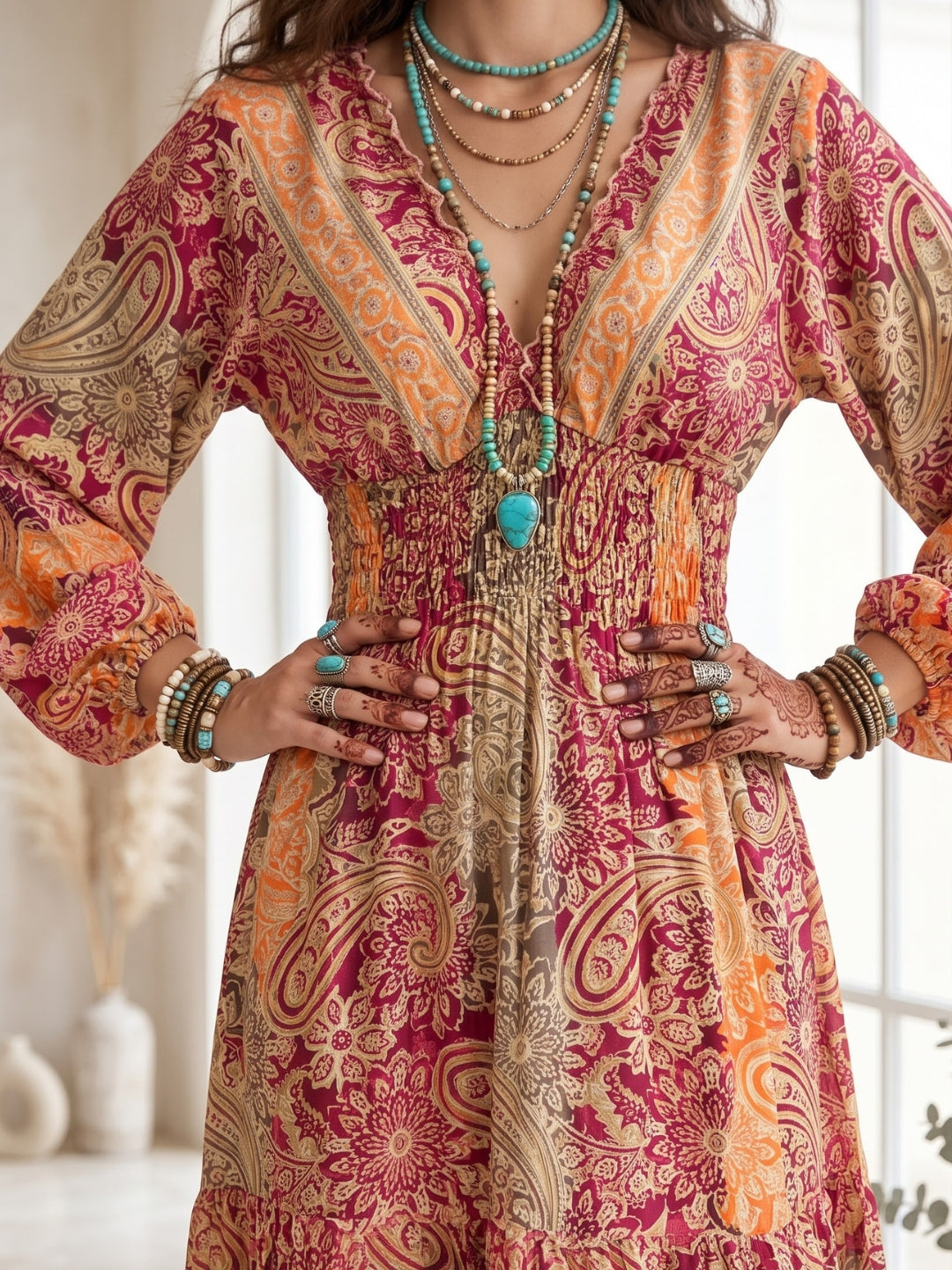 Evelina sangria sunset boho maxi dress