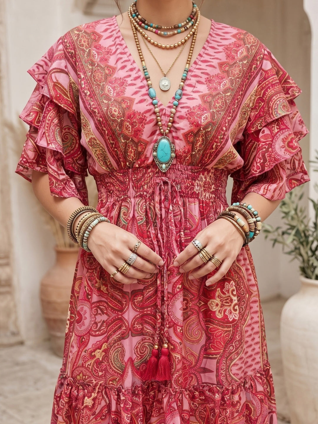 Raspberry rose tiered maxi dress
