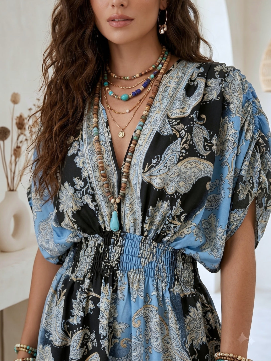 Solene blue noir bohemian mini dress