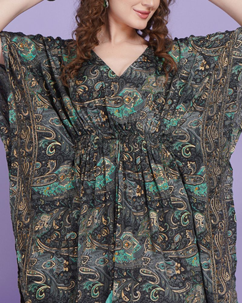 Tara mystic jade kaftan mini dress