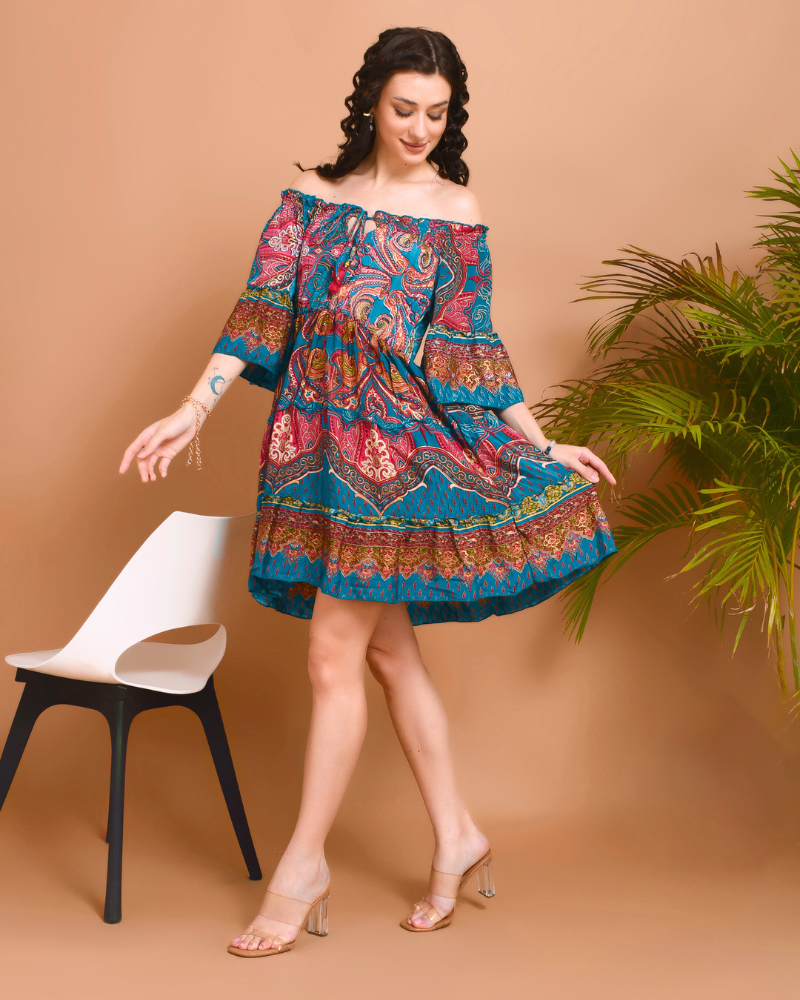 Mira teal breeze off-shoulder mini dress