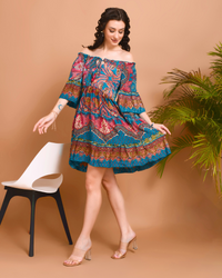 Mira teal breeze off-shoulder mini dress