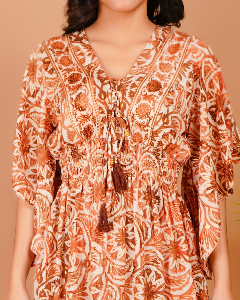 Light brown bohemian dress with golden foil detail