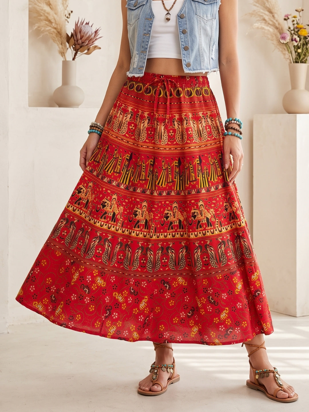 Crimson flame boho maxi skirt