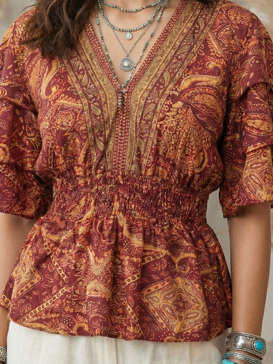 Marzella amber paisley boho peplum top