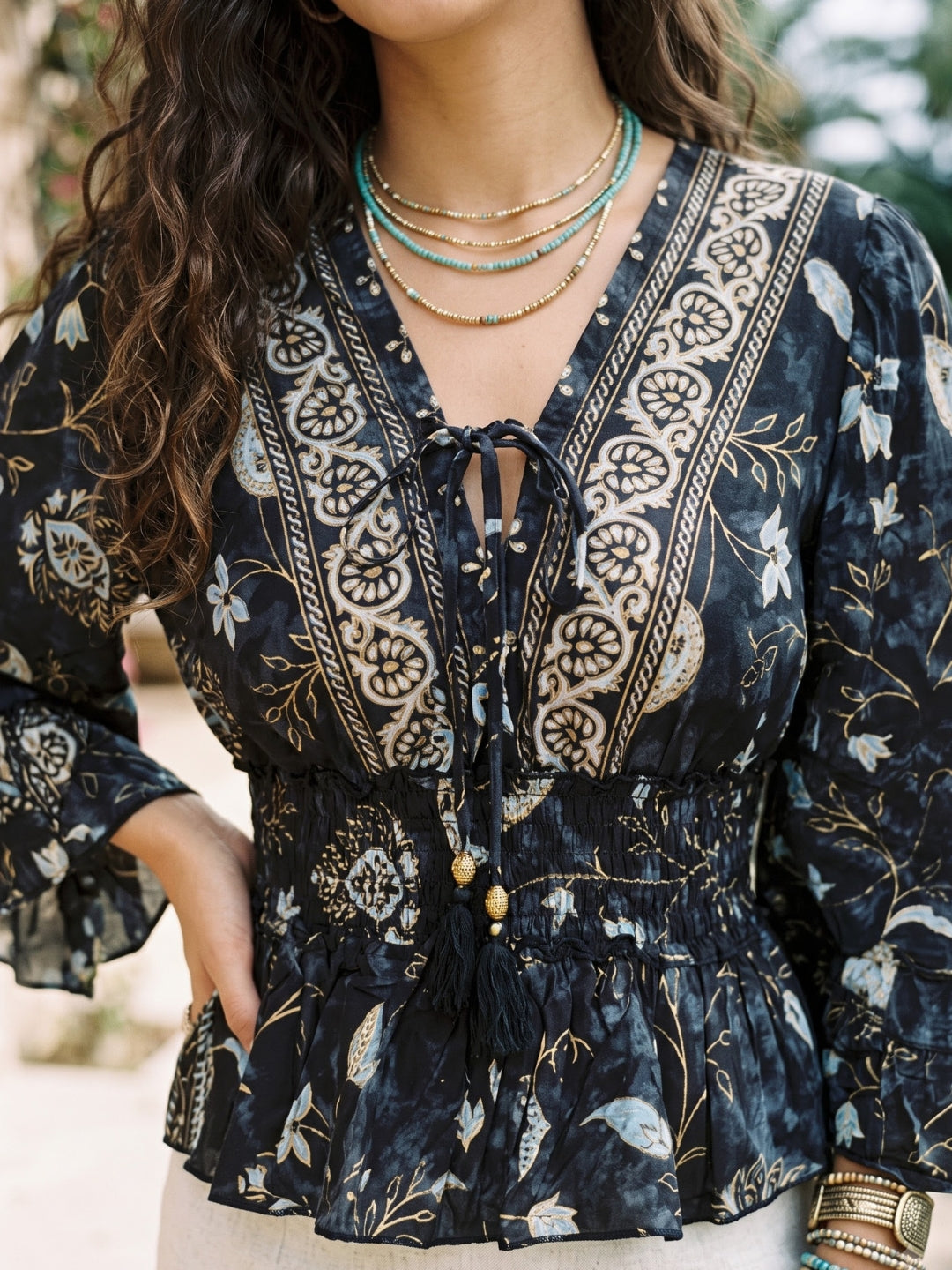 Black pearl bohemian peplum top