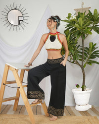 Midnight bloom wide leg cotton trousers