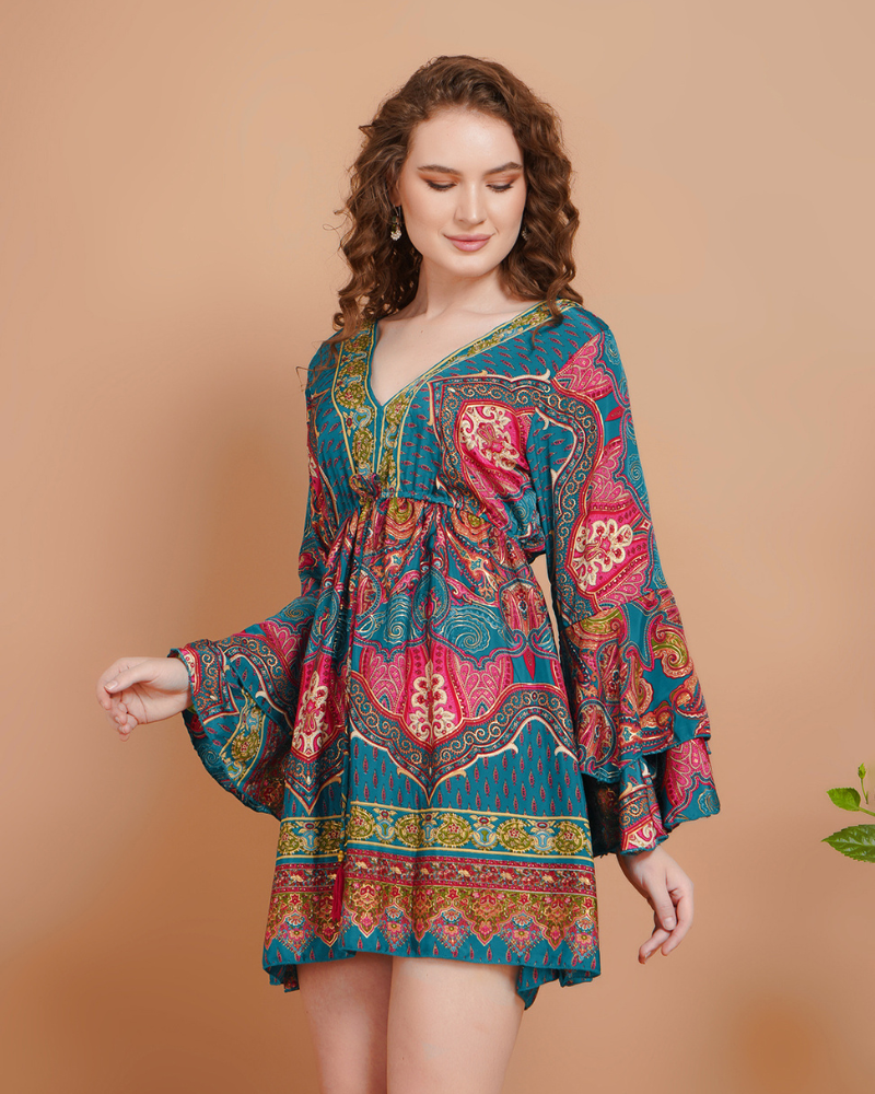 Wanderblush short dress with bell sleeves