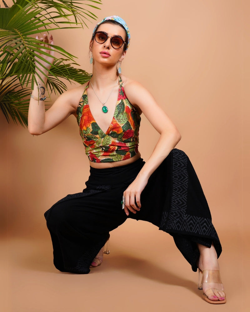 Crimson flora cotton bohemian crop top with halter neck