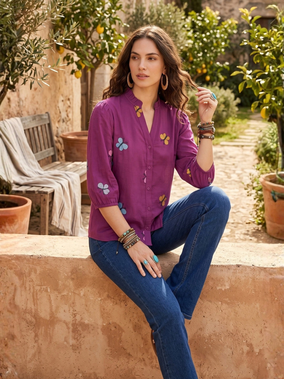 Elodie wild berry embroidered boho shirt