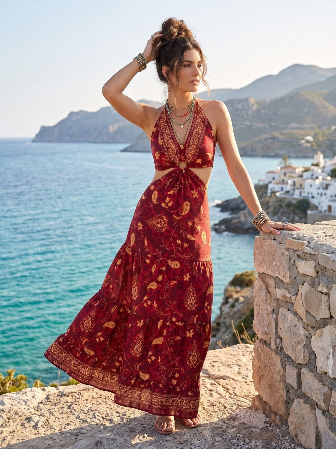 Sangria sunset halter boho maxi dress