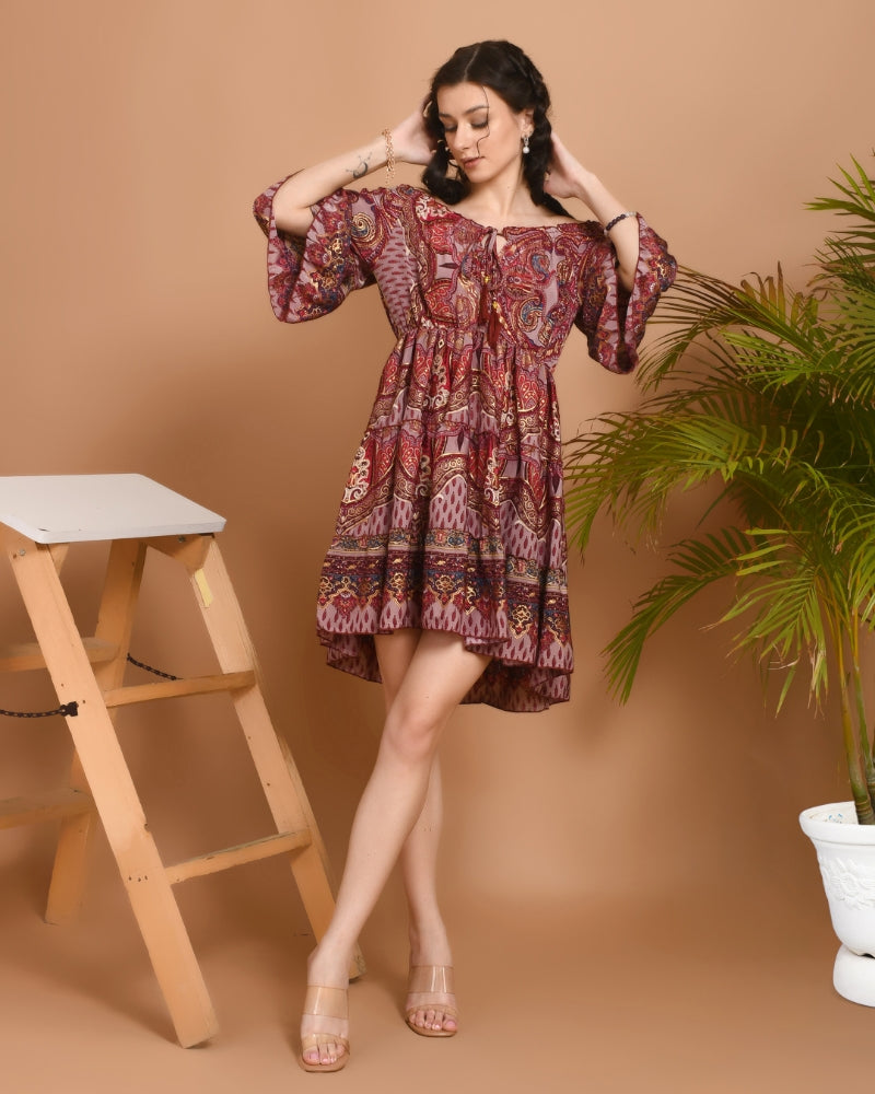 Carmine paisley off-shoulder short dress