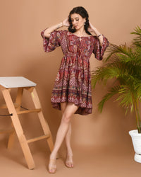Carmine paisley off-shoulder short dress