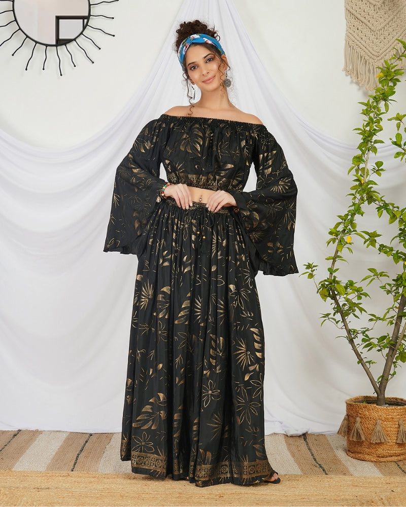 Amarielle black-gold boho skirt co-ord set