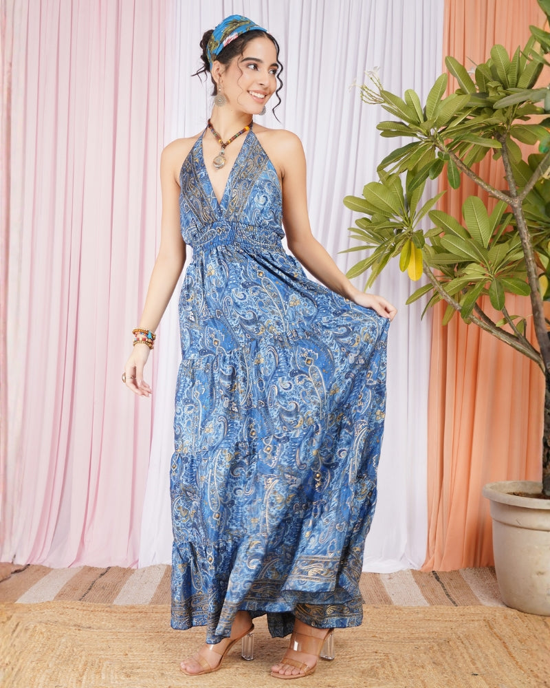 Kaelia ocean mist halter maxi dress