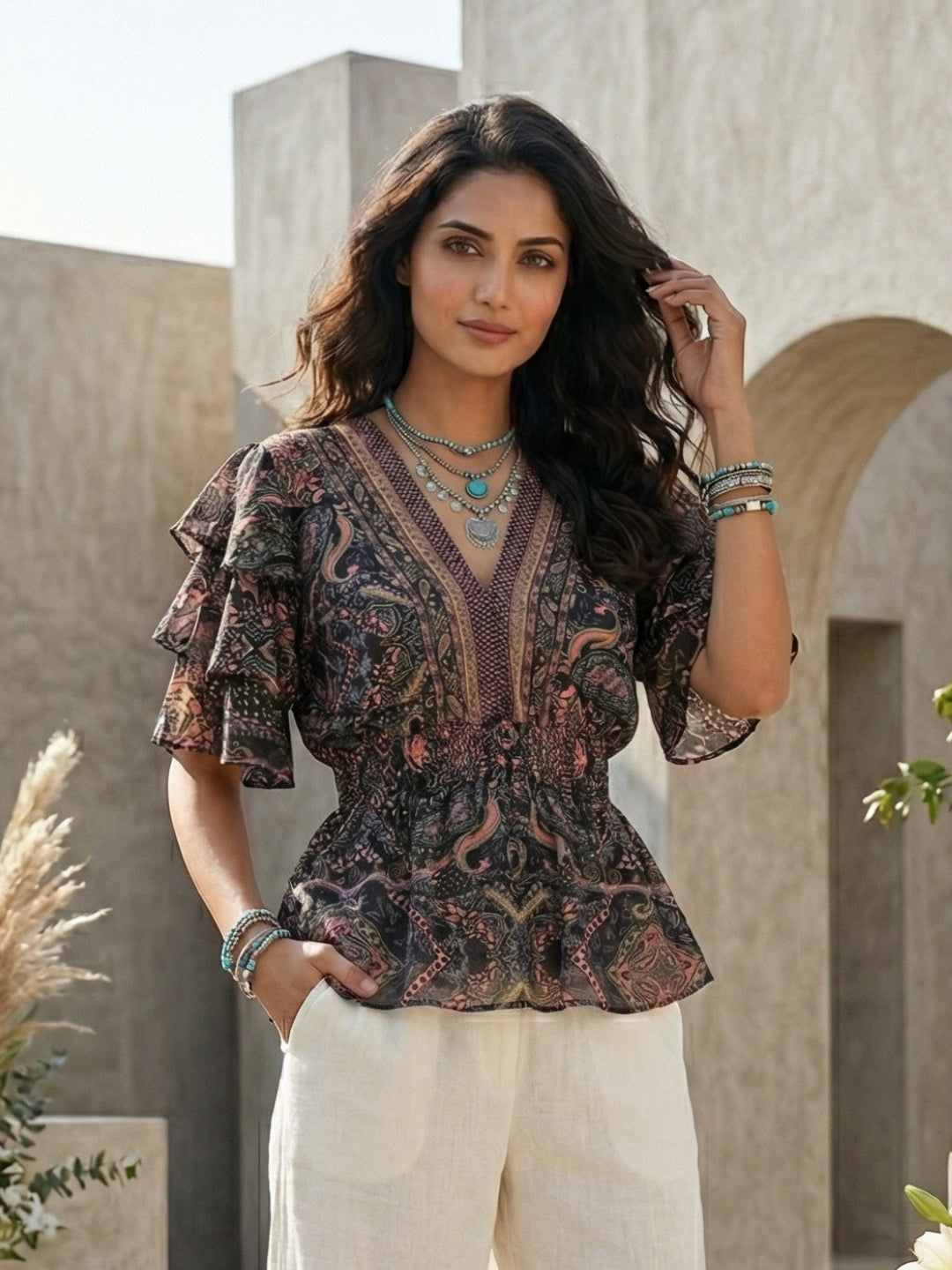 Maelira twilight vine boho peplum top