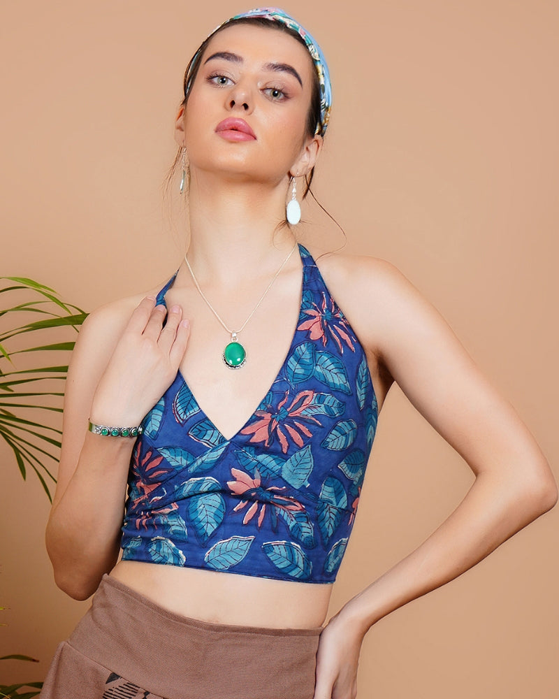 Blue breeze cotton bohemian crop top with halter neck