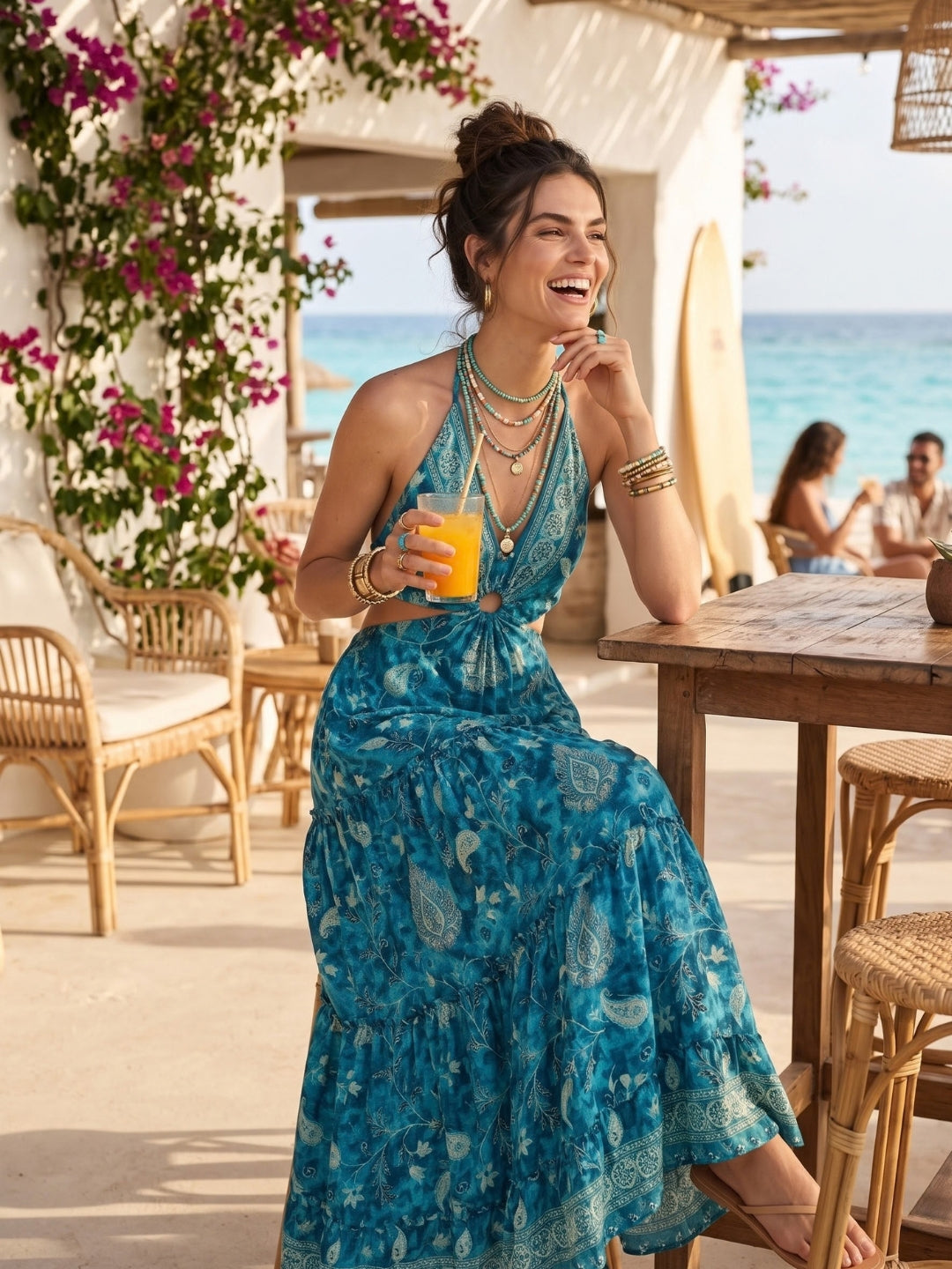 Caribbean blue halter maxi dress