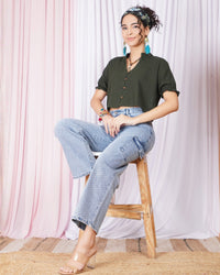 Maribel moss-green button down top