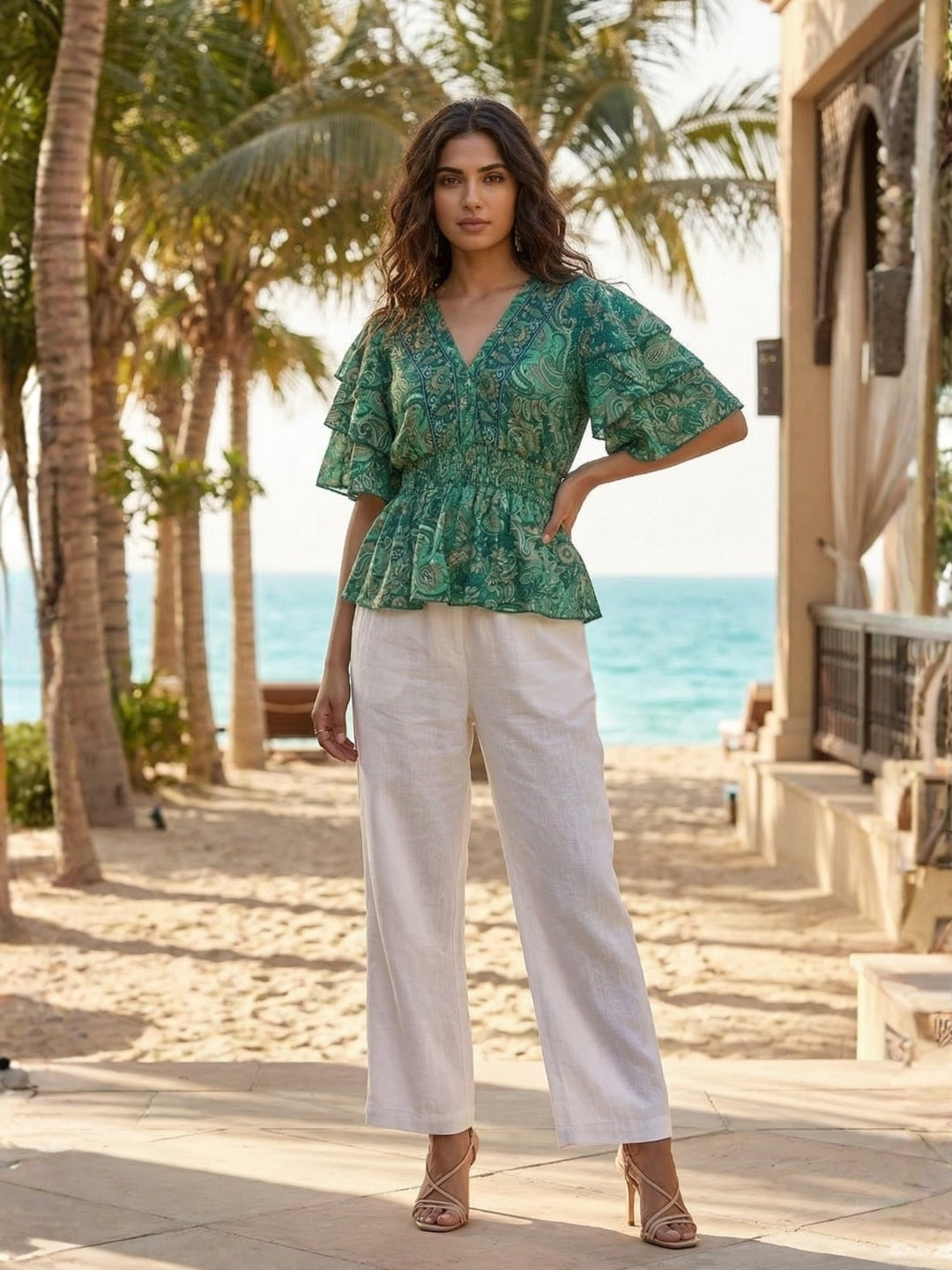 Elaris emerald paisley peplum top