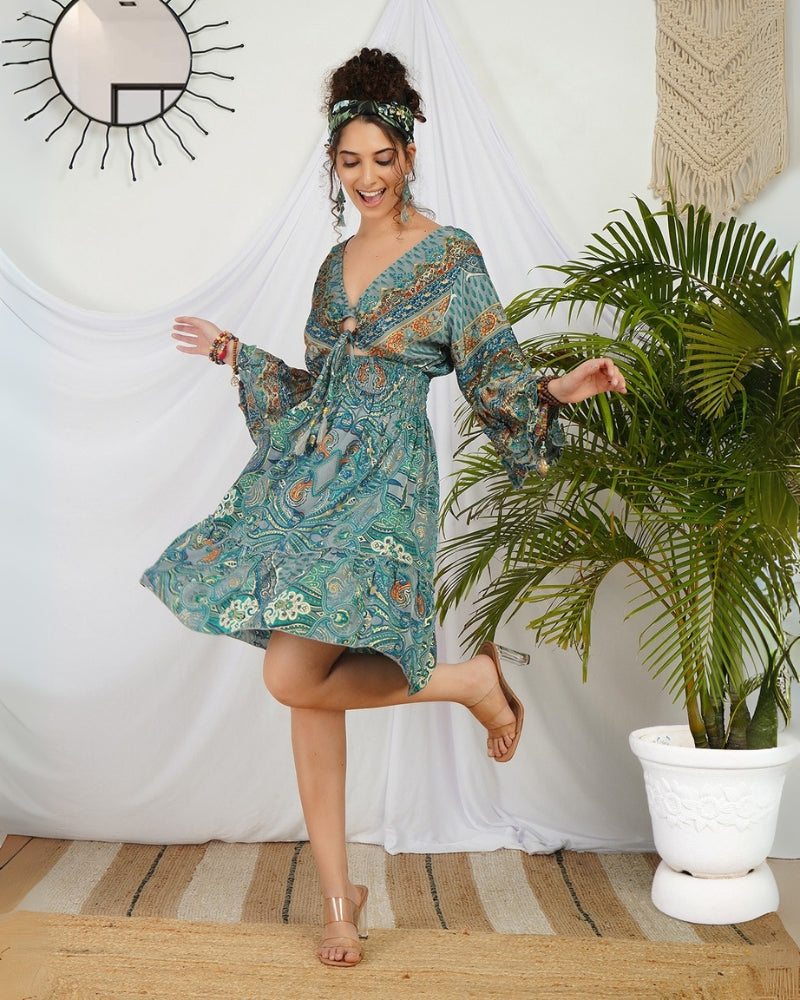 Adelise ocean mist paisley mini dress Boholyfe Adelise ocean mist paisley mini dress Boholyfe