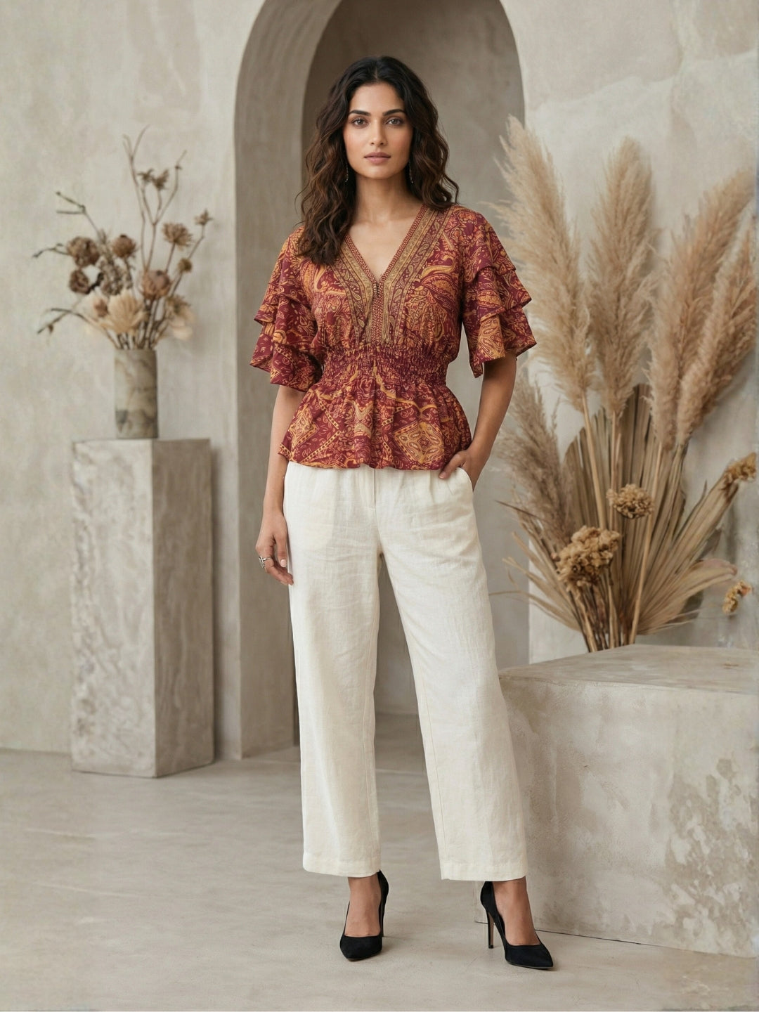 Marzella amber paisley boho peplum top