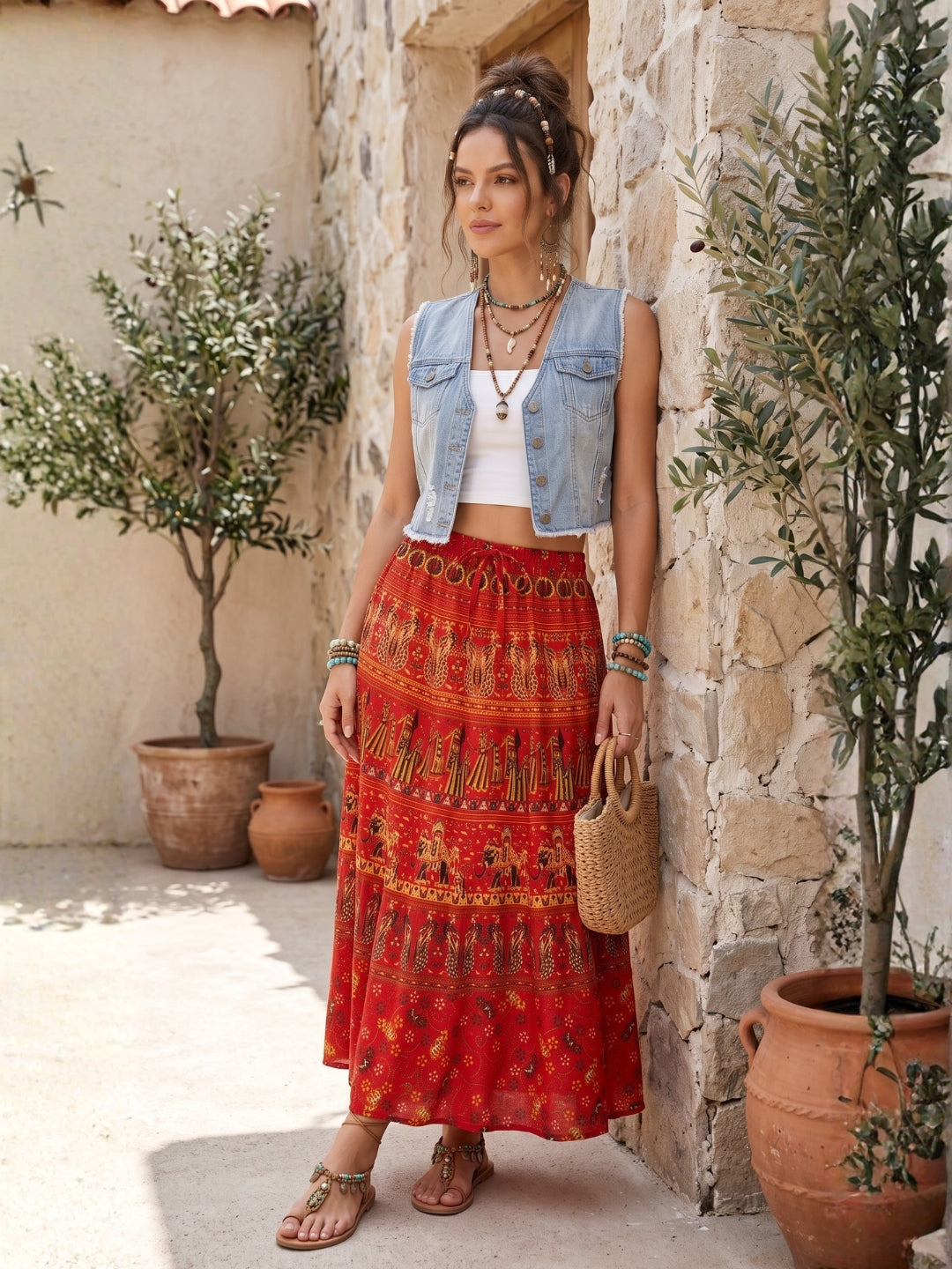 Crimson flame boho maxi skirt