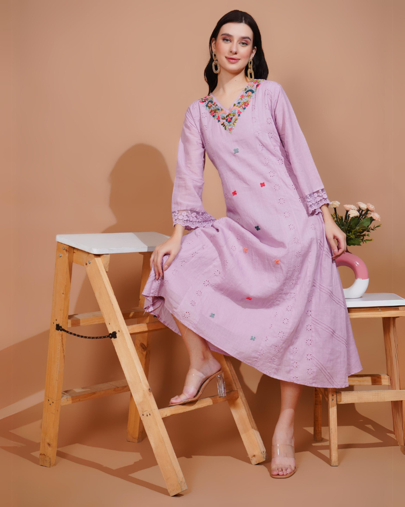 Purple elegance embroidery midi dress