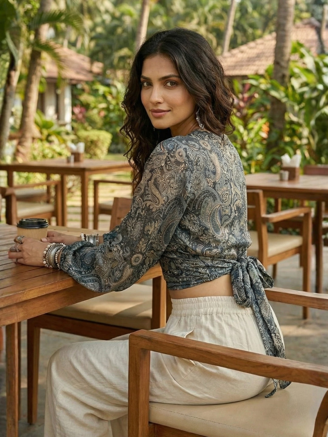 Elaria smoke paisley boho wrap top