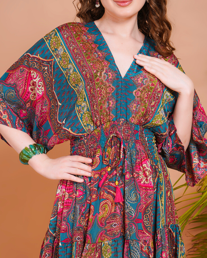 Liora teal bloom kimono mini dress