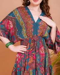 Liora teal bloom kimono mini dress