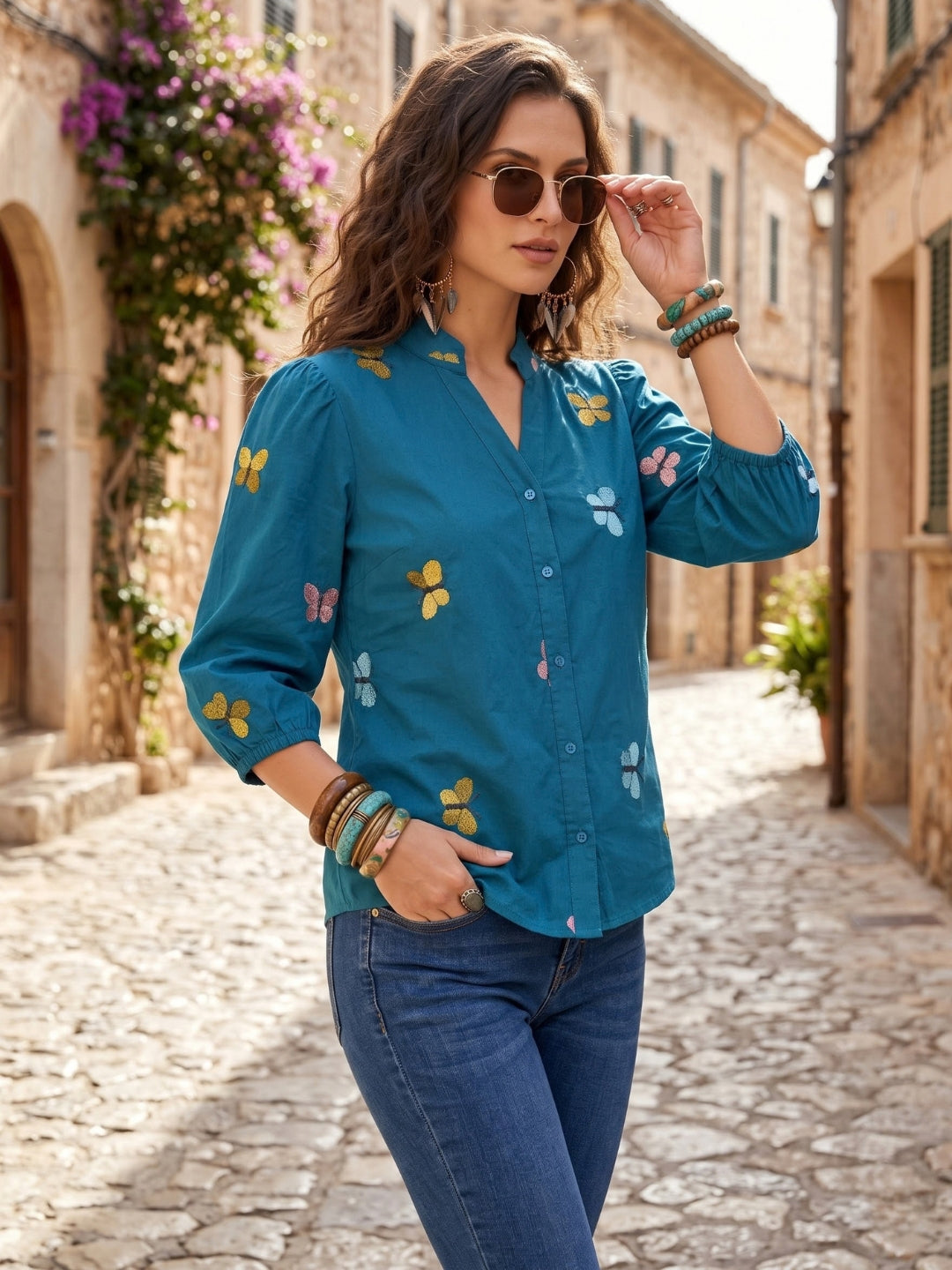 Aegean teal embroidered boho shirt