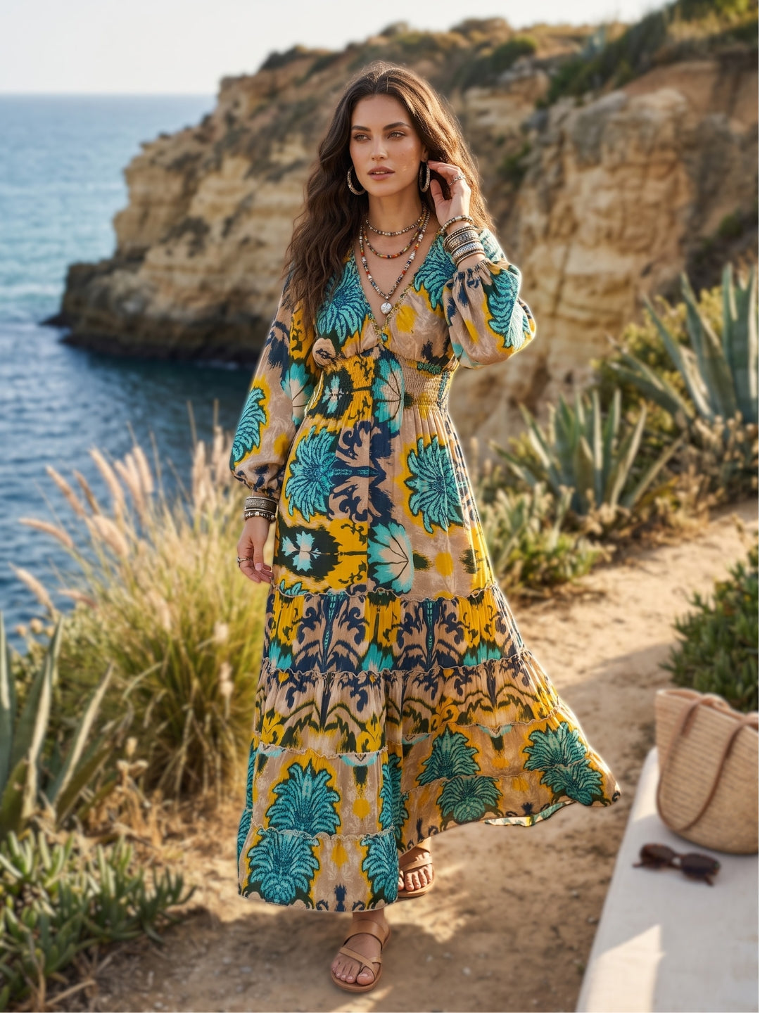Turquoise marigold boho maxi dress