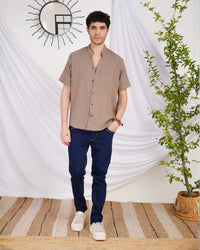 Keaton sandstone drift mandarin cotton shirt