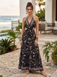 Shadow bloom halter boho maxi dress