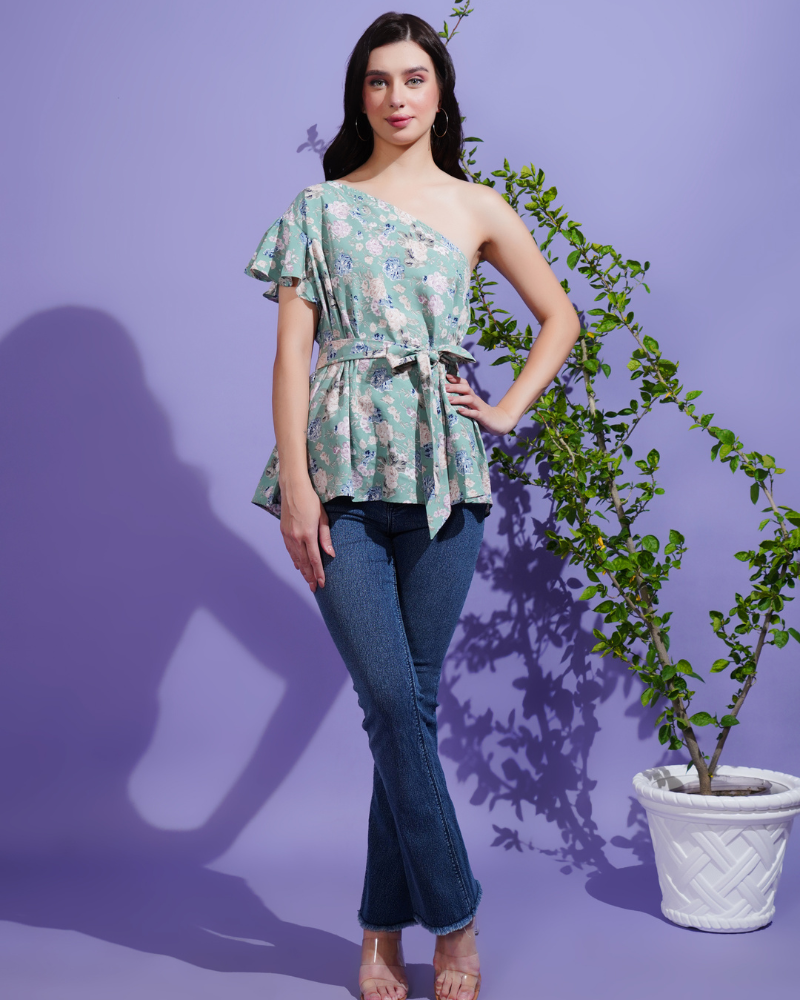 Floral glow one-shoulder green top