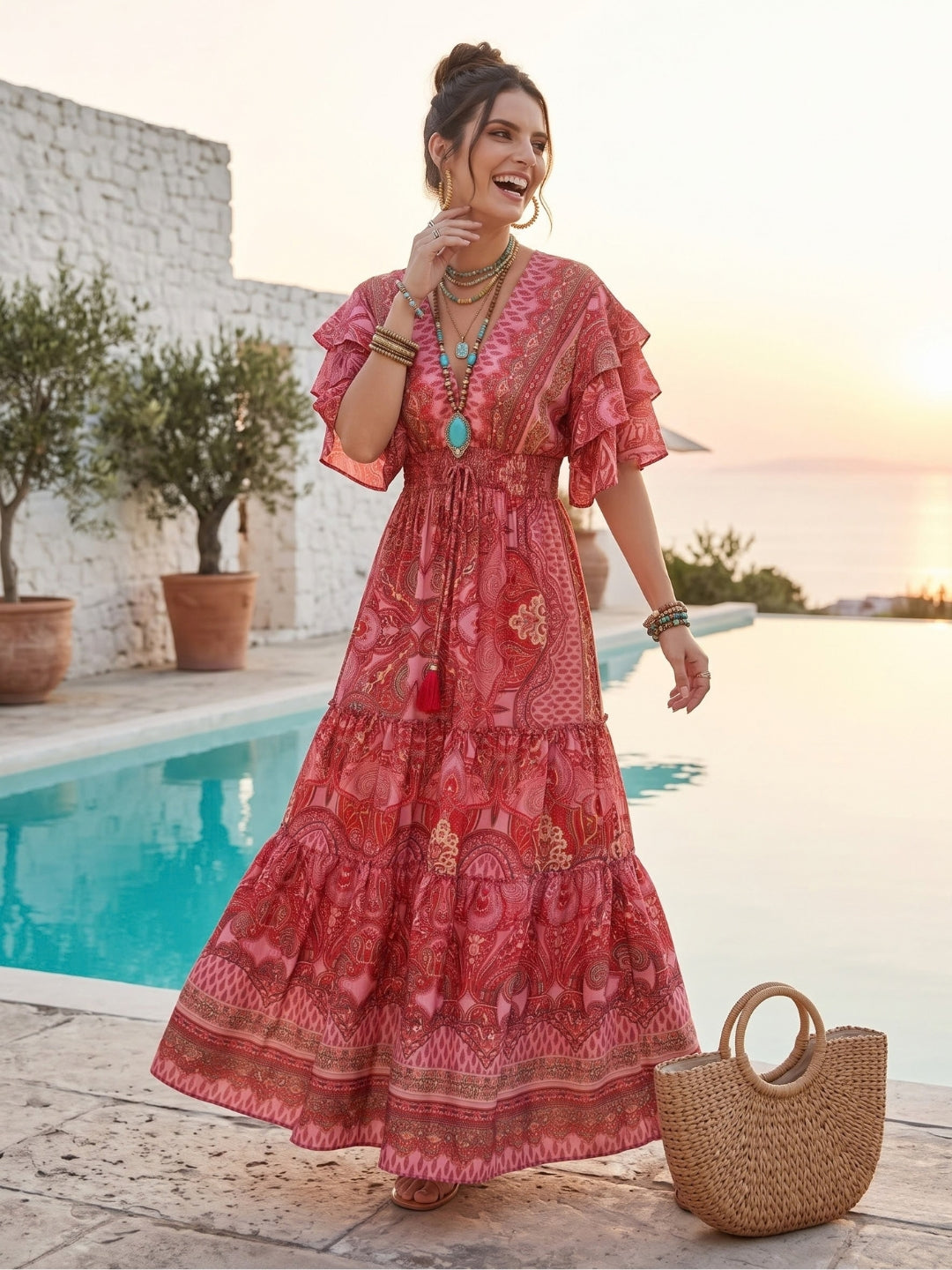 Raspberry rose tiered maxi dress