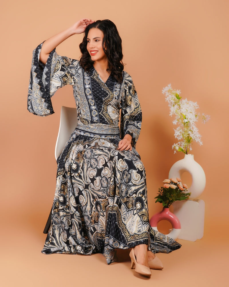 Black and white boho paisley co-ord set with golden glam