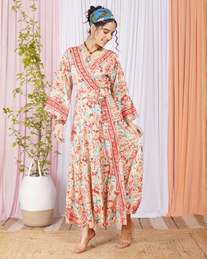 Elysia coral bloom wrap maxi dress