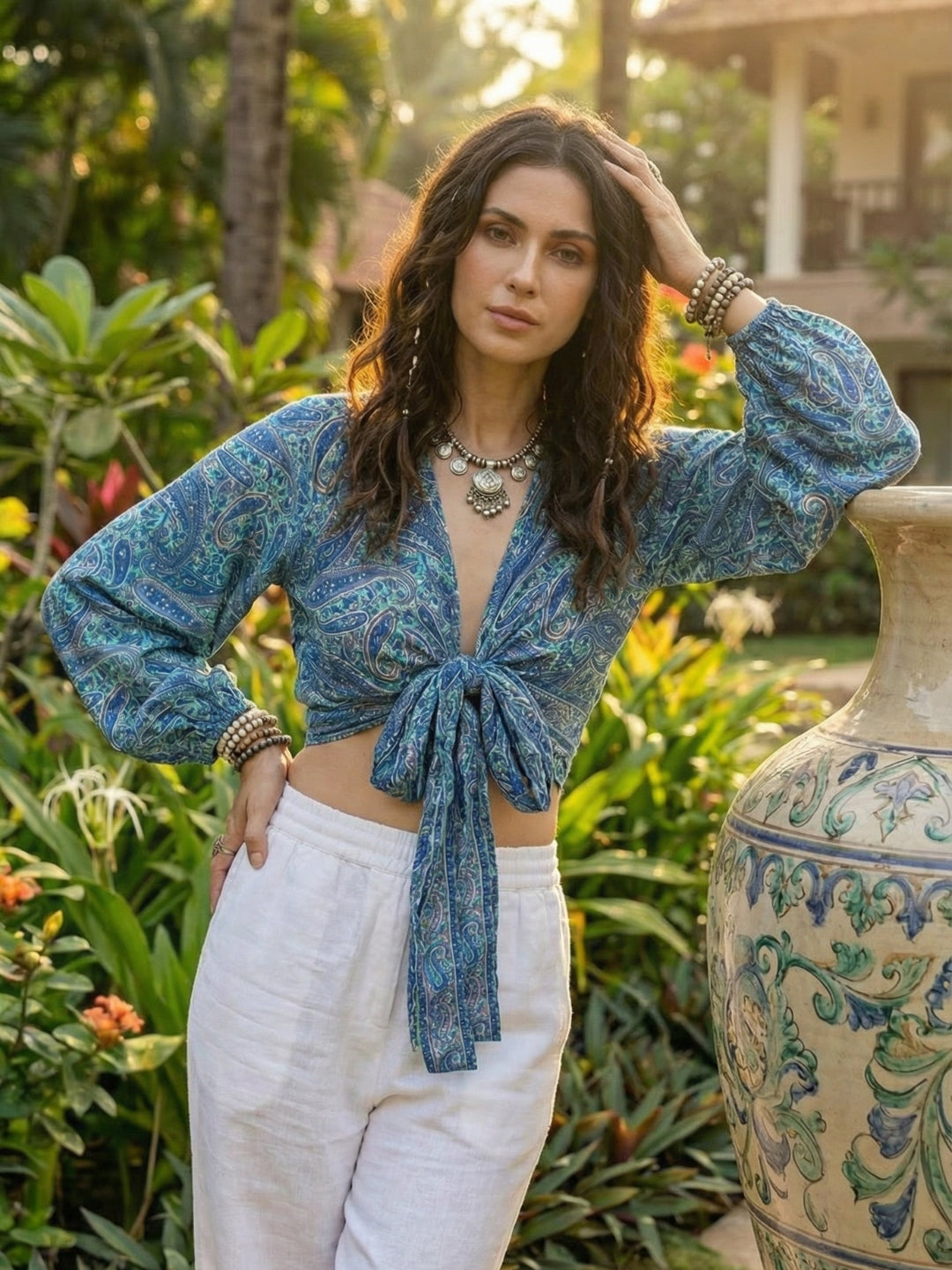 Soraya seafoam paisley boho wrap top