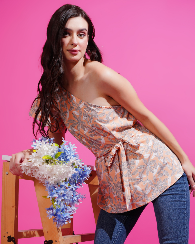 Floral fantasy one-shoulder peach top