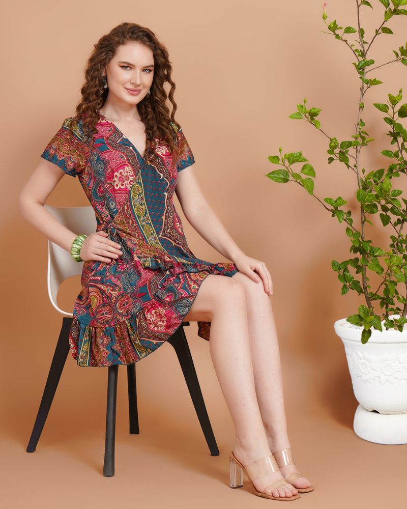 Amara teal garden mini angrakha dress