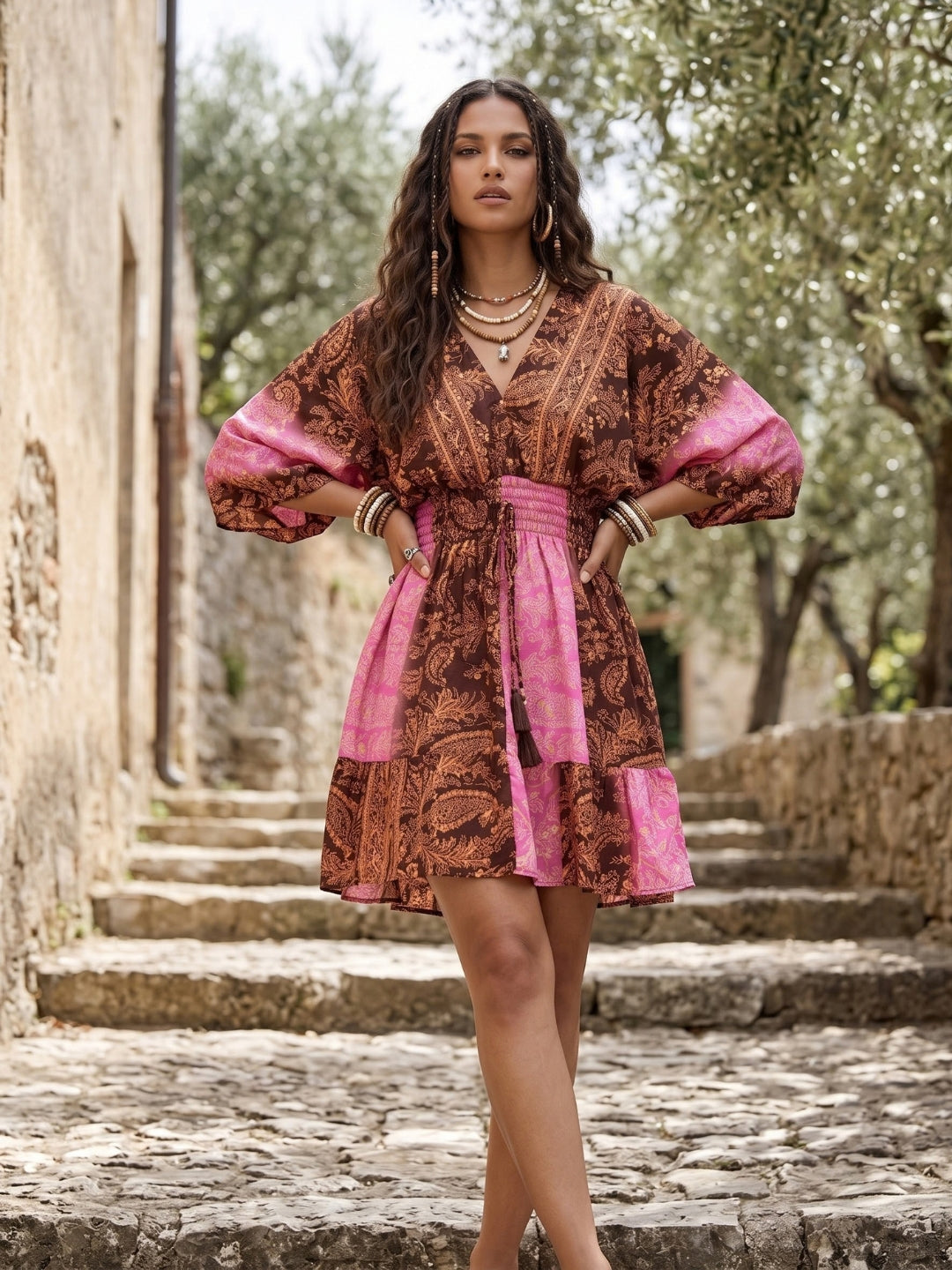 Rosalie cocoa pop boho mini dress
