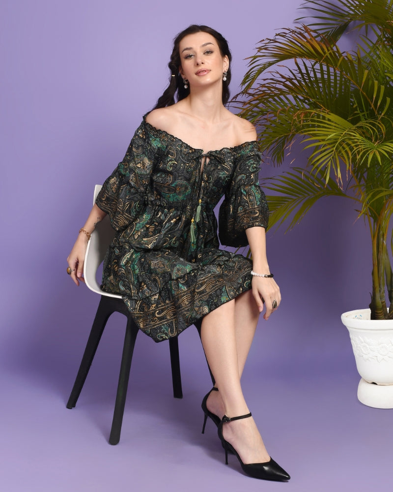 Zoya forest muse off-shoulder mini dress