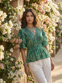 Elaris emerald paisley peplum top