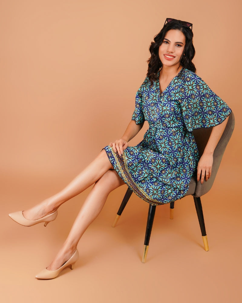 Tropical leaves navy wrap short dress