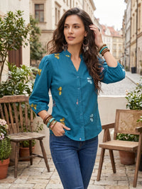 Aegean teal embroidered boho shirt