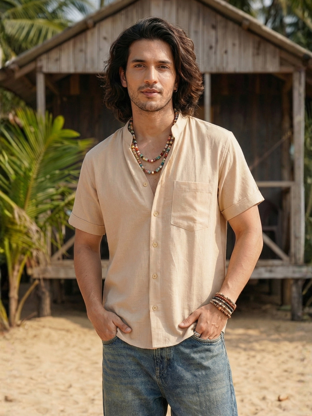 Calder sand mist mandarin cotton shirt