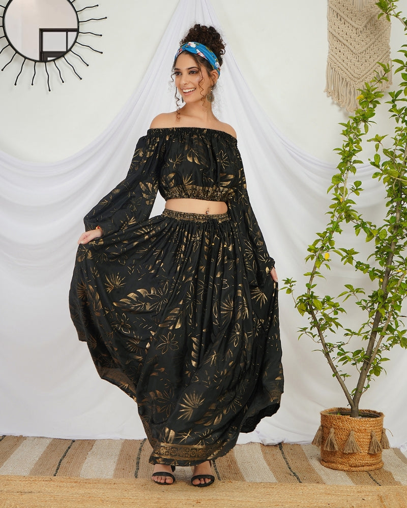 Amarielle black-gold boho skirt co-ord set